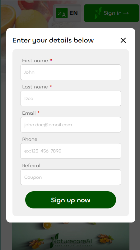 NaturecareAI signup interface
